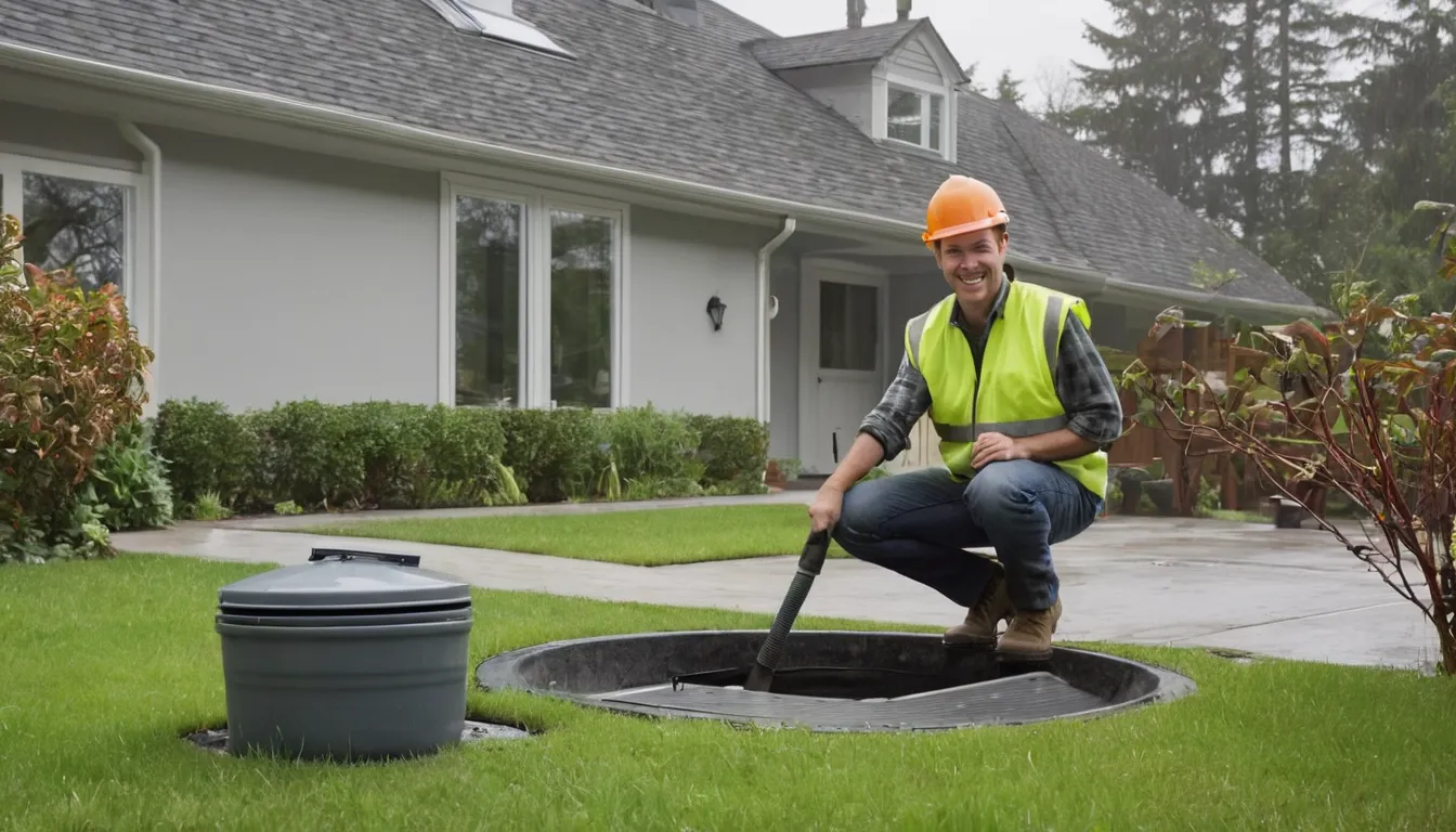 A provider checking a septic tank lid in a yard in the Murrysville area