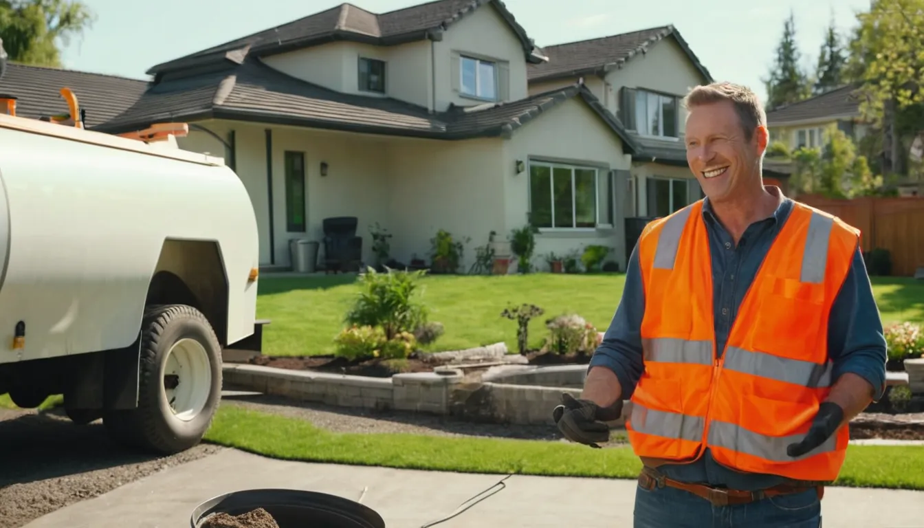 Friendly local septic provider talking with a homeowner beside an open septic tank lid in a backyard near Murrysville